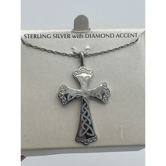 Sterling Silver Diamond Accent Etched Celtic Cross Pendant Necklace New - Picture 3 of 7